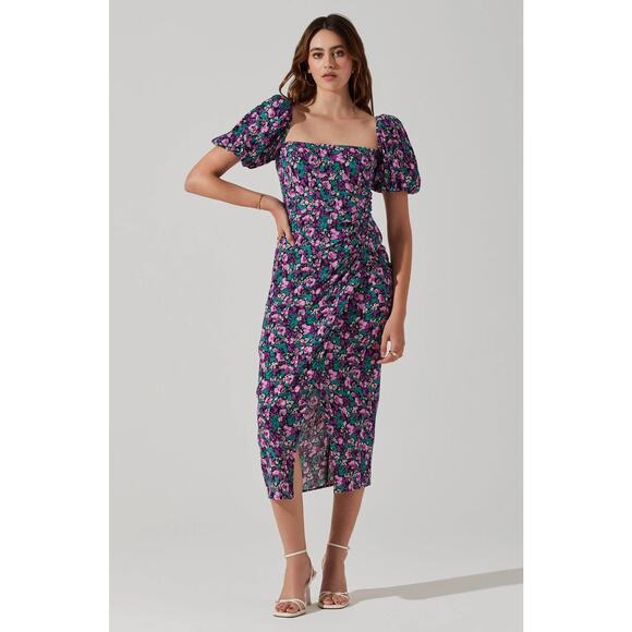 ASTR The Label Floral Square‎ Neck Slit Front Midi Dress Size Small New - Picture 6 of 10